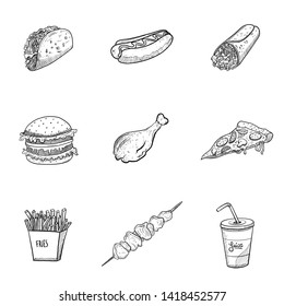 Fast Food Set Illustration in black on white background - Vector EPS
