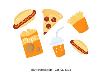 Fast food set illustration. Fries, chips, hotdog, pizza, cocktail in cartoon style.