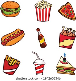 Ejemplo de serie de comida rápida vectorial aislado en fondo blanco