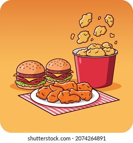 Fast Food Set Includes Fried Chicken Wings And A Burger, Vector Design And Isolated Background.