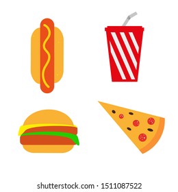 Fast food, fast food set isolated on a white background. Simple design. Hot Dog. Ketchup. Mustard. Burger. Pizza. Vector