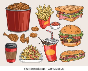 Fast food set labels colorful with fried chicken in bucket and sandwiches or burger with carbonated drink vector illustration