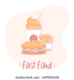 Fast food set. A large Burger with French fries and a milkshake with whipped cream. Delicious concept of eating fast-food. Colorful flat vector illustration.