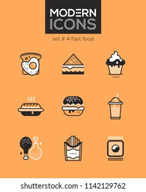 Fast food - set of line design style icons isolated on orange background. High quality images for a cafe, restaurant, shop. Egg sandwich, toast, cupcake, hotdog, donut, chicken, french fries, sushi