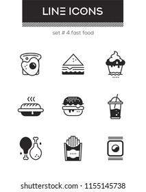 Fast food - set of line design style icons isolated on white background. High quality images for a cafe, restaurant, shop. Egg sandwich, toast, cupcake, hotdog, donut, chicken, french fries, sushi