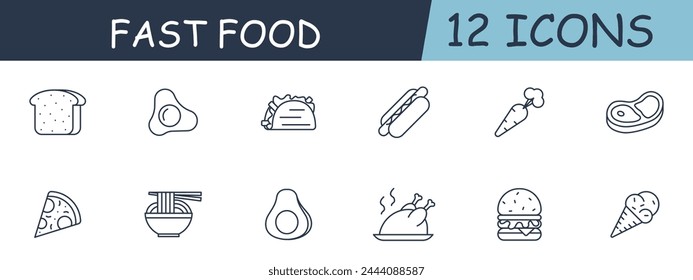 Fast food set line icon. Hot dog, merchant, avocado, burger, noodles, ice cream, taco. 12 line icon. Vector line icon for business and advertising