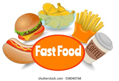 Fast Food Set, Meal, Coffee, Hot Dog, Burger, French Fries, Potato Chips, Vector Illustration EPS 10