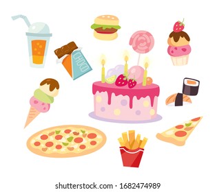 Fast food set. Meals isolated on white background. Cake, pizza,ice-cream,chocolate, burger.