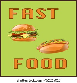 Fast food set for Menu Card, poster, brochure, web, mobile application. Colorful cartoon icons with fast food meal isolated on green background. Banner with hamburger and hot dog. Vector Illustration.
