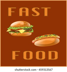 Fast food set for Menu Card, poster, brochure, web, mobile application. Colorful cartoon icons with meal isolated on brown background. Banner with hamburger and hot dog. Vector Illustration.