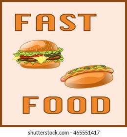 Fast food set for Menu Card, poster, brochure, web, mobile application. Colorful cartoon icons with meal isolated on light background. Banner with hamburger and hot dog. Vector Illustration.