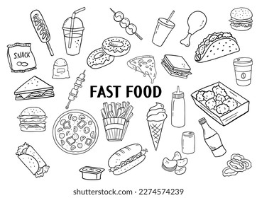 Fast food set for menu, packaging or cafe. Pizza, barbecue, ice cream and hot dog isolated on white