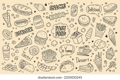 Fast food set. Monochrome sketch with street food and drinks, sweets and bakery, sandwich and pizza, Chinese noodles and sausages. Doodle print for cafe menu design. Cartoon flat vector collection