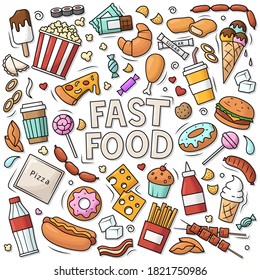 Fast Food Set von Objekten und Symbolen. Doodle auf einem Lebensmittel Thema in Farbe.