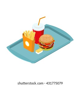 Fast food set on tray isometric. Frying potatoes. Big hamburger. Fresh burger. Red disposable paper cup with straw. harmful food