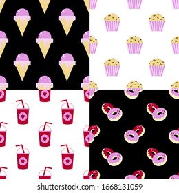 Modalidades de comida rápida. Patrones de iconos en un fondo blanco y negro. Patronear helado , donuts, shake, cupcake.