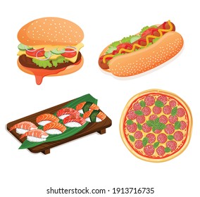 Fast food set. Peperoni pizza, sushi and rolls with shrimp, salmon, tuna, cheeseburger and burger, hot dog with sausage. Vector food illustration for stickers, web, site, menu, store, restaurant, icon