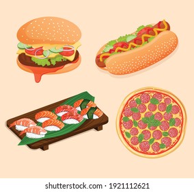 Fast food set. Peperoni pizza, sushi and rolls with shrimp, salmon, tuna, cheeseburger and burger, hot dog with sausage. Vector food illustration for stickers, web, site, menu, store, restaurant, icon