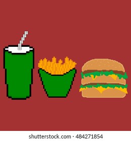 Fast food set. Pixel art. 