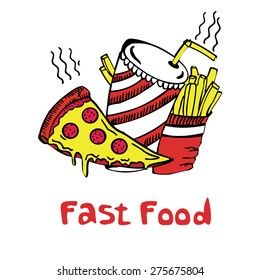 fast food set pizza drink hamburger on a white background