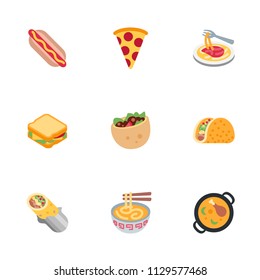 Fast food set pizza pasta hot dog sandwich tacos burritos noodle soup tasty dinner icon vector symbol illustration flat set, collection.