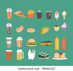 Fast food set with pizza and sandwiches, cola and soda.