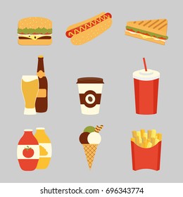 Fast food set. Potatoes fries, burger, hot dog, sandwich, beer, coffee, beverage, ice cream, sauces. Vector illustration