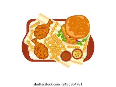 Fast food set ready fast food restaurant menu Set of hamburgers, french fries, fried chicken in a tray, top view Isolated objects on background for designing posters, food menus, and advertising.