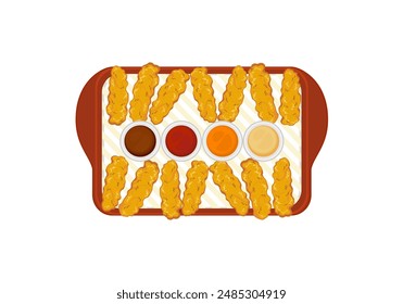 Fast food set ready Fast food restaurant menu. Fried chicken set. Chicken sticks in a tray. Top view Isolated objects on a white background for designing posters, food menus, and advertising.