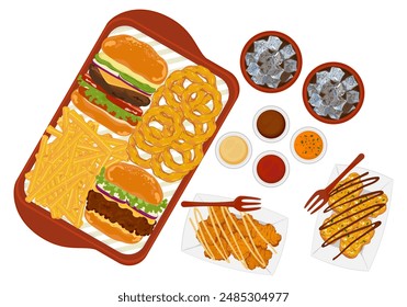 Fast food set ready fast food restaurant menu Set of hamburgers, onion rings, french fries in the tray, soft drinks, fried chicken isolated objects on background for poster design, food menu