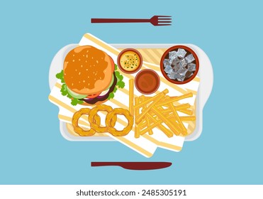 Set de comida rápida menú de restaurante de comida rápida Set de hamburguesas, papas fritas, aros de cebolla y refrescos en una bandeja Vista superior Objetos aislados en el fondo para diseñar carteles y menús de comida.