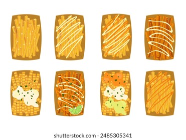 Fast food set ready fast food restaurant menu French fries with sauce set Many flavors in paper cups Top view Isolated objects on white background for designing posters, food menus, and advertising.
