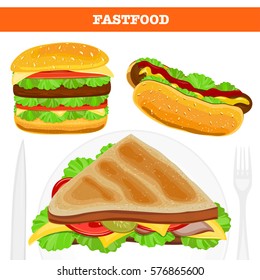 Fast food. Set of realistic vector icons isolated on white background. Burger, hot dog and sandwich.