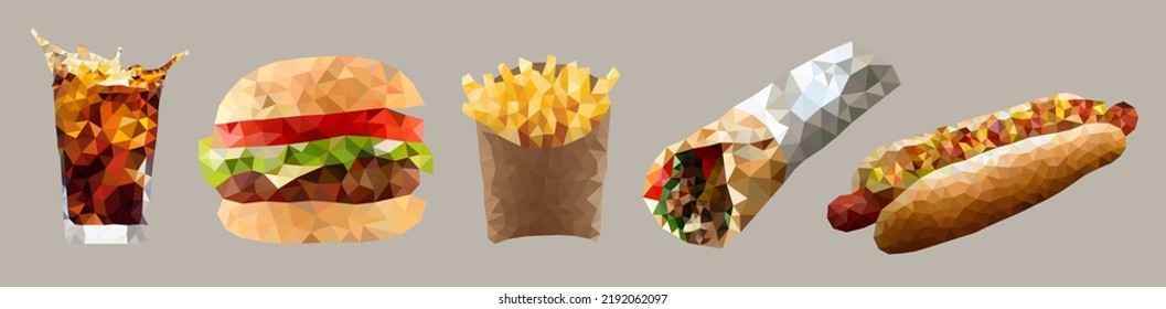Fast food set of rendering vector icons. triangulation style.