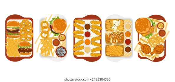 Set de comida rápida con menú de restaurante de comida rápida Set de hamburguesas y pollo frito, aros de cebolla y papas fritas, refrescos, helados en bandejas. Objetos aislados como fondo para diseño de póster.