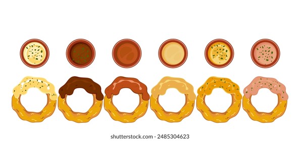 
Fast food set with fast food restaurant menu Set of fried onions dipped in various flavored sauces Deep fried bread Isolated objects as background for poster design. Food menus and advertisements.