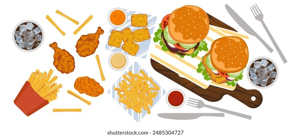 Juego de comida rápida con menú de restaurante de comida rápida Conjunto de hamburguesas, pollo pops, alitas de pollo frito, papas fritas, pepitas, refrescos, pollo frito objetos aislados en el fondo para el diseño de póster.