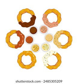 Fast food set with fast food restaurant menu Set of fried onions dipped in various flavored sauces Deep fried bread Isolated objects as background for poster design. Food menus and advertisements.