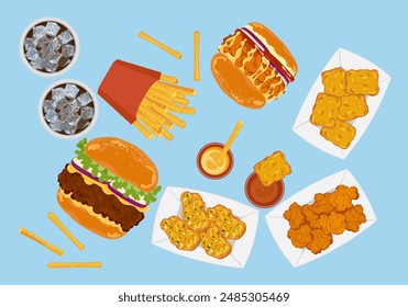 Juego de comida rápida con menú de restaurante de comida rápida Conjunto de hamburguesas, pollo pops, alitas de pollo frito, papas fritas, pepitas, refrescos, pollo frito objetos aislados en el fondo para el diseño de póster.