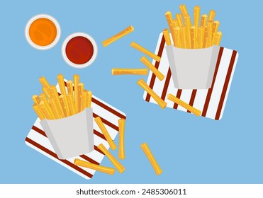 Fast food set with fast food restaurant menu Set of french fries dipped in many flavorful sauces Deep fried bread Isolated objects as background for poster design. Food menus and advertisements.