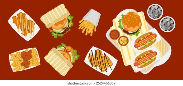 Fast food set with fast food restaurant menu Set of hamburgers, chicken pops, fried chicken wings, french fries, nuggets, soft drinks, fried chicken isolated objects on background for poster design.