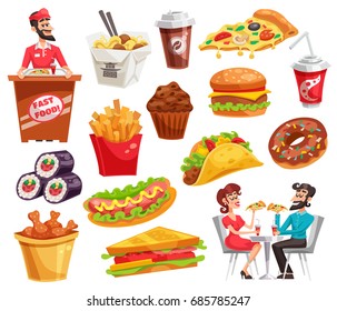 Fast food set with restaurant worker and clients sandwiches noodle potato chicken legs drinks isolated vector illustration