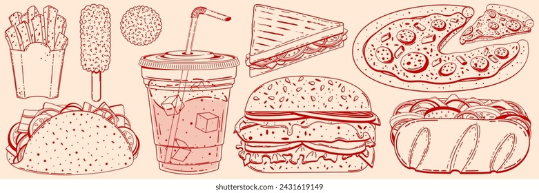 Fast food set in retro linear style without fill, monochrome. Vector illustration hand drawn.