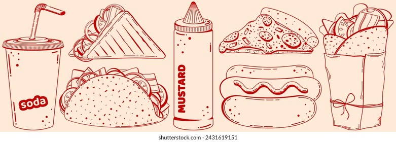 Fast Food Set im Retro-Linearstil ohne Füllung, monochrom. Vektor-Illustration handgezeichnet.