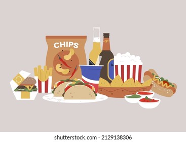 A fast food set, sandwiches, chips, french fries, soda, beer, popcorn, nachos, and sauces