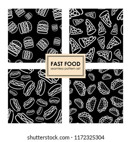 Fast food set. Seamless background. Vector fast food pattern. Signboard, banner. Background for menu, cafe, restaurant, bar, nightclub design.