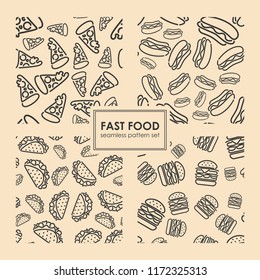 Fast food set. Seamless background. Vector fast food pattern. Signboard, banner. Background for menu, cafe, restaurant, bar, nightclub design.