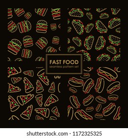 Fast food set. Seamless background. Vector fast food pattern. Signboard, banner. Background for menu, cafe, restaurant, bar, nightclub design.