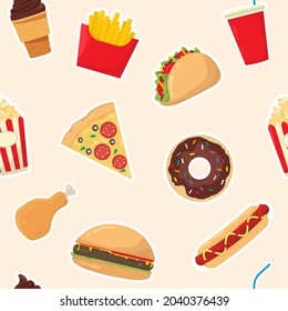 Fast Food Set. Seamless pattern of fast food icons in cartoon style. 