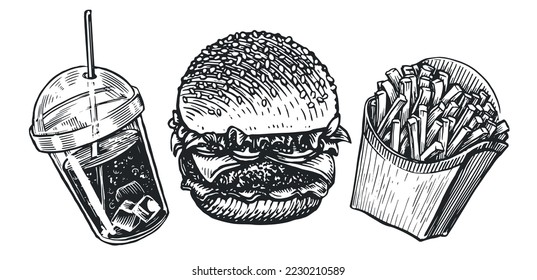 Esbozo del juego de comida rápida. Hamburguesa, patatas fritas y cola con hielo en taza. Comida callejera o ilustración vectorial de la compra